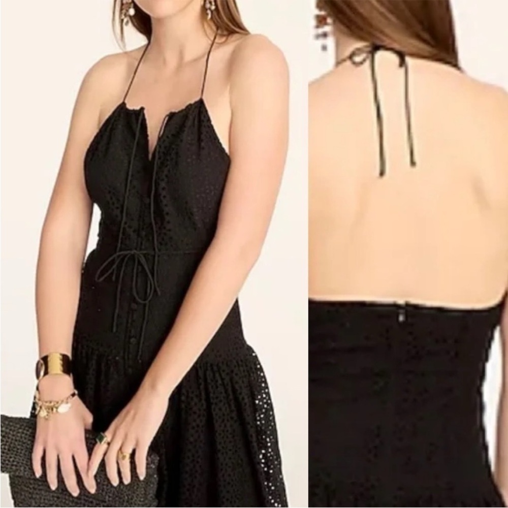 J Crew Halter Mini Dress in Eyelet Black Linen Blend